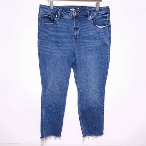 Old Navy Power Slim Straight High Rise Denim Jeans Raw Hem Womens 16 Medium Wash - Picture 2 of 10